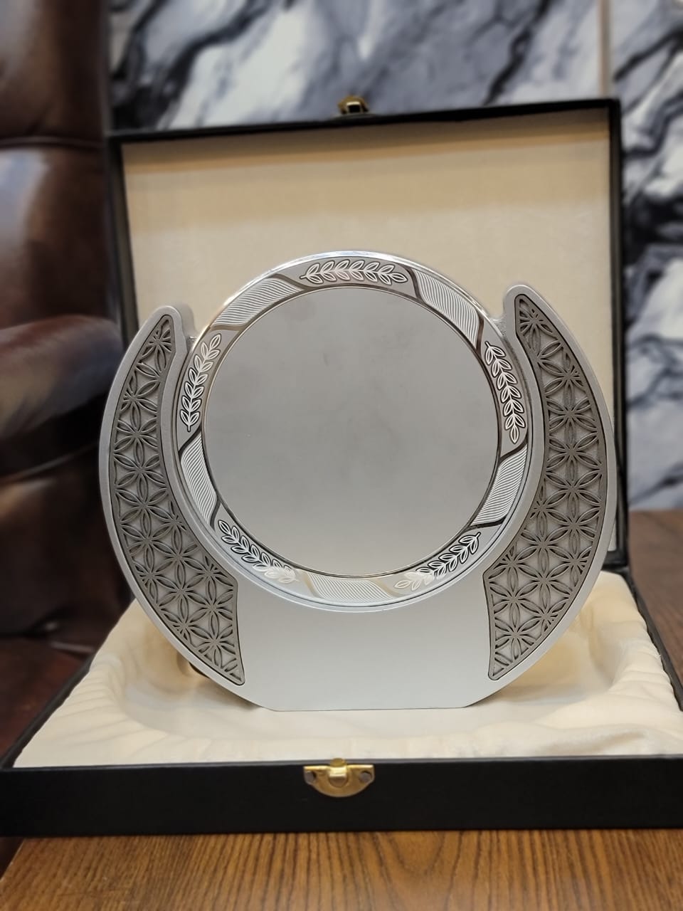Wood CNC Shield with China Plate and Leather Box