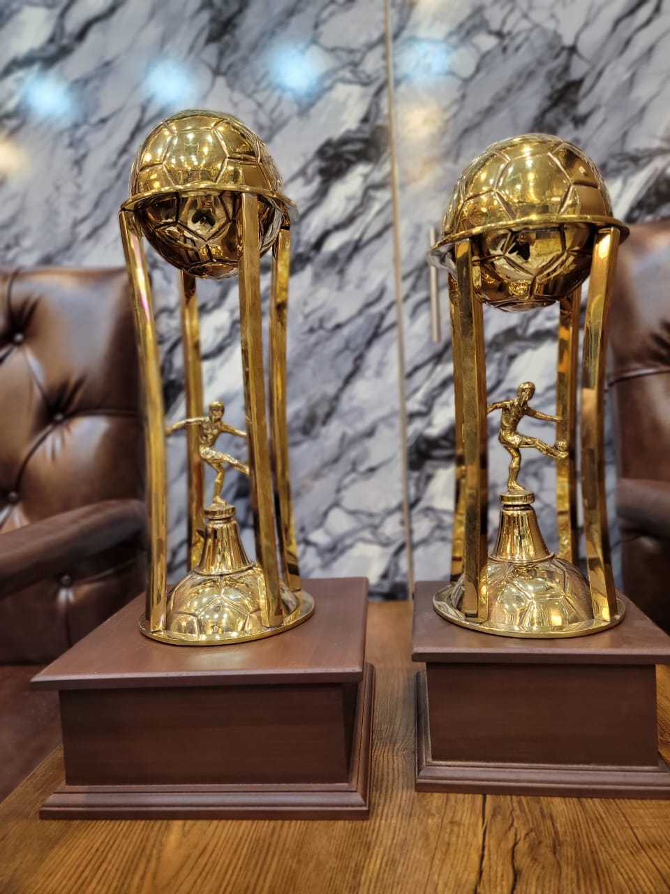Brass Football Trophy with Wood Base