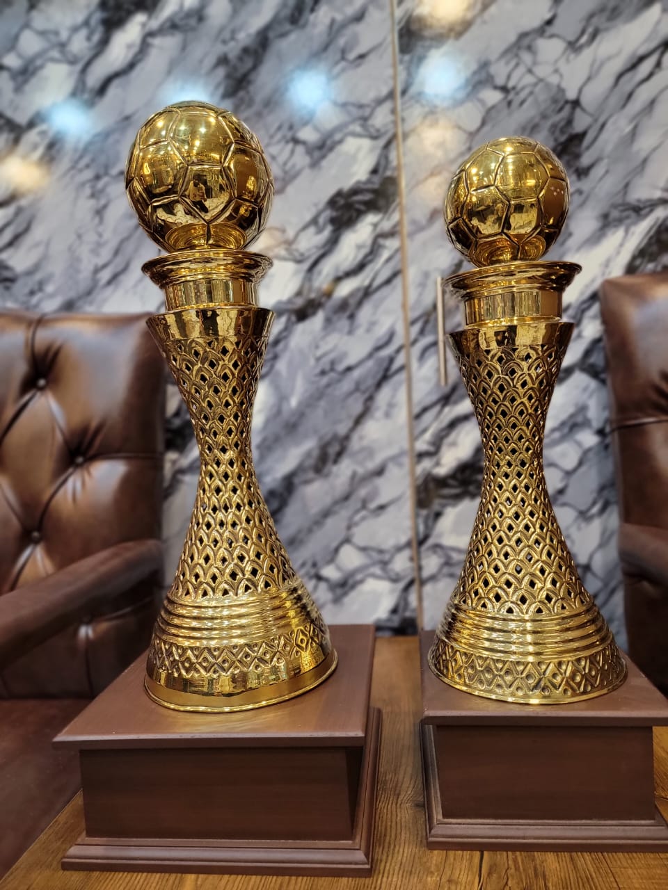 Brass Football Trophy Set With Wood Base
